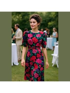 80s NUIT SILK BLK & PINK ROSES PUFFED SLEEVE FIT & FLARE SASHED MIDI DRESS SZ 4